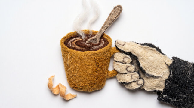 Hand holding a knitted mug of hot drink with steam rising  