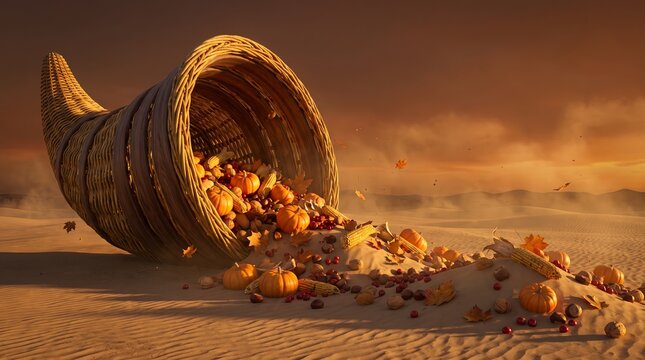 Giant Thanksgiving cornucopia spilling harvest produce across desert dunes