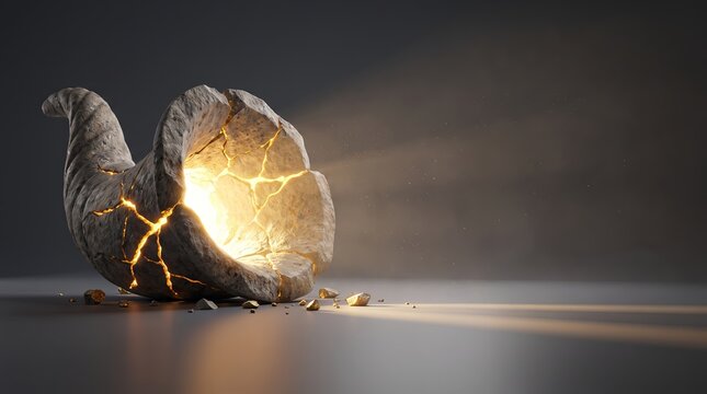 Cracked stone cornucopia glowing with golden light for Thanksgiving