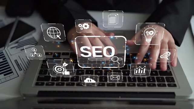 SEO concept for improving SEO visibility, with SEO related digital tools and SEO performance icons shown in an focused layout for strategic marketing. Muxer
