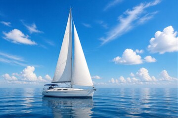 Fototapeta premium Sailboat glides calm ocean under clear blue sky. White sails catch breeze, reflecting sunlight. Clouds drift lazily above serene water. Vessel moves peacefully, untouched by waves