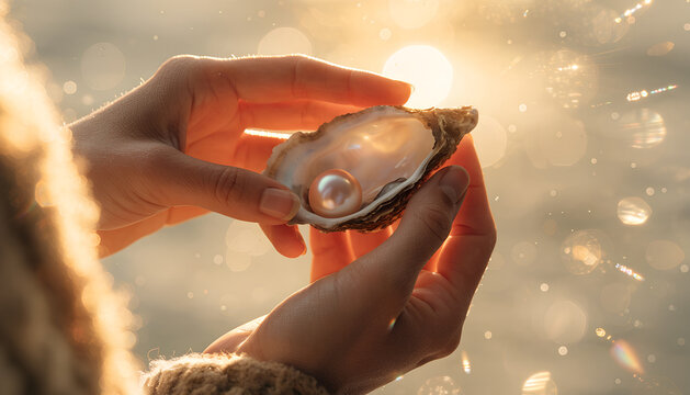 Elegant natural pearl nestled inside an open oyster shell, gently held in human hands above shimmering seawater, creating a luxurious marine scene symbolizing beauty, nature, rarity and hidden treasur