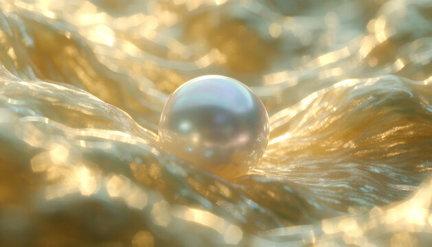 Lustrous pearl floating amid sparkling golden seawater, surrounded by flowing waves and warm sunlight, creating an elegant luxury concept of beauty, rarity, nature, wealth and precious natural treasur
