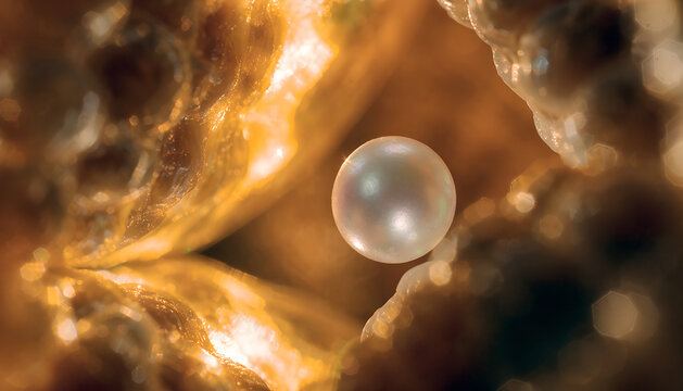 Lustrous pearl floating amid sparkling golden seawater, surrounded by flowing waves and warm sunlight, creating an elegant luxury concept of beauty, rarity, nature, wealth and precious natural treasur