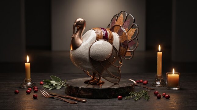 Glass-feathered turkey sculpture for Thanksgiving surrounded by autumn leaves