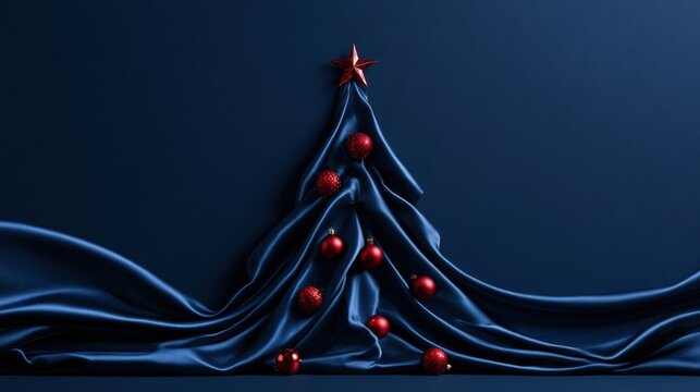 Blue silk Christmas tree with red ornaments and star holiday decoration on dark background