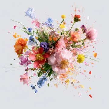 Colorful exploding floral bouquet with spring flowers and scattered petals on light background