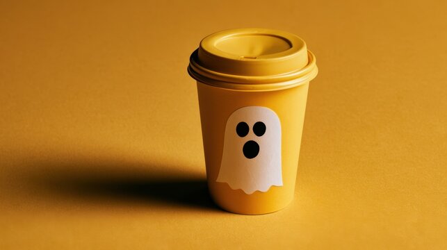 Yellow coffee cup with ghost sticker for Halloween themed takeaway drink in studio lighting