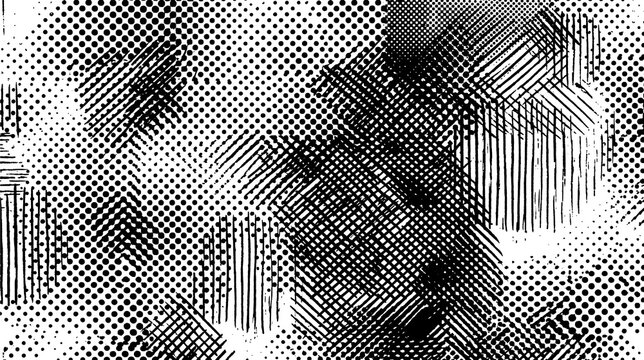 Abstract halftone texture background. Dotted screens and linear shading blend unevenly to form a rough patchy collage of distressed elements.