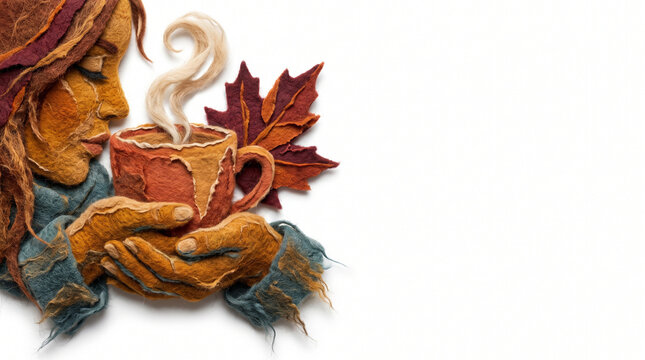 Woman holding a cup of pumpkin spice coffee surrounded by fall leaves  
