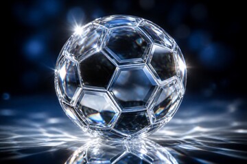Naklejka premium Shiny crystal soccer ball gleams on reflective surface. Deep blue background enhances its brilliance and clarity. Light sparkles off each facet, creating vivid highlights. Perfect for luxury sports