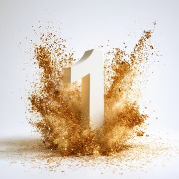 Gold number one exploding in glitter burst for celebration, victory and premium achievement