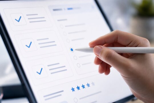 Online assessment and e-evaluation concept showing digital checklist, remote exam, and questionnaire completion on a virtual platform, representing data collection and user