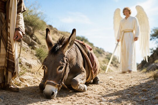 Balaam's Donkey Crouching on a Narrow Ancient Path Before a Sword-Bearing Angel, a Moment of Biblical Miracle, Divine Warning, and Intense Tension.