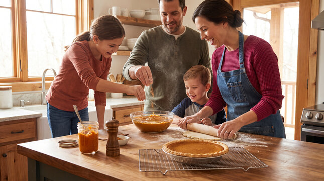 Family baking pumpkin spice pie together in a cozy kitchen  