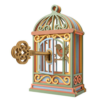 Paper cut birdcage with vintage key unlocking door and bird inside on transparent background. Emotional freedom and overcoming burnout concept. Mental health resilience and self care icon
