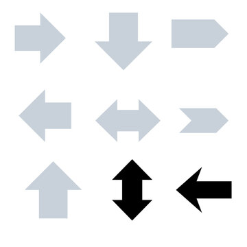 Set of isolated arrow icons in black and grey, vector graphic elements featuring various directions for web design, navigation, and user interface symbols on a clean white background, PNG file