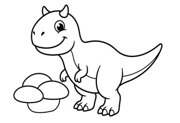 Fototapeta premium Cute cartoon dinosaur standing next to a nest of eggs for children coloring book page line art
