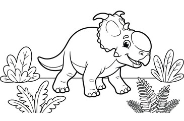 Naklejka premium Cute cartoon triceratops dinosaur walking in a grassy field black and white line art coloring page for children