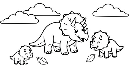 A cute cartoon triceratops family with a mother and two babies in a simple outdoor coloring page illustration © MDABDUS