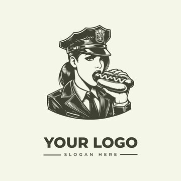 Vintage style illustration of a police officer woman eating a hot dog logo design.