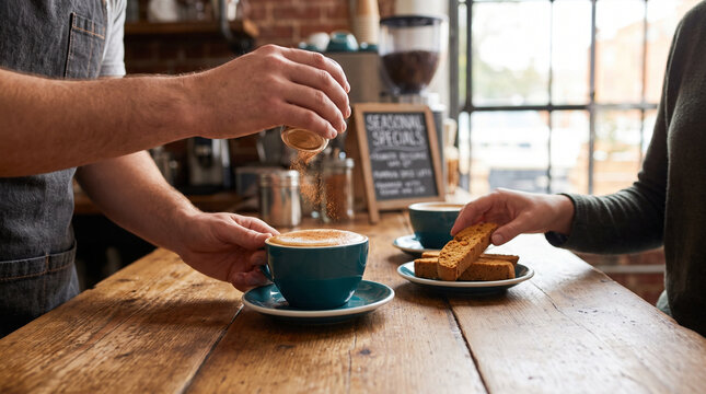 Barista pouring sugar into a cup of coffee at a cozy caf&eacute;  