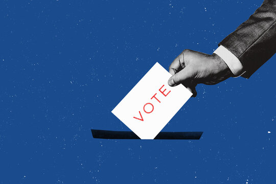 Human hand putting a red ballot paper into the ballot box. Political election, flat designed concept.