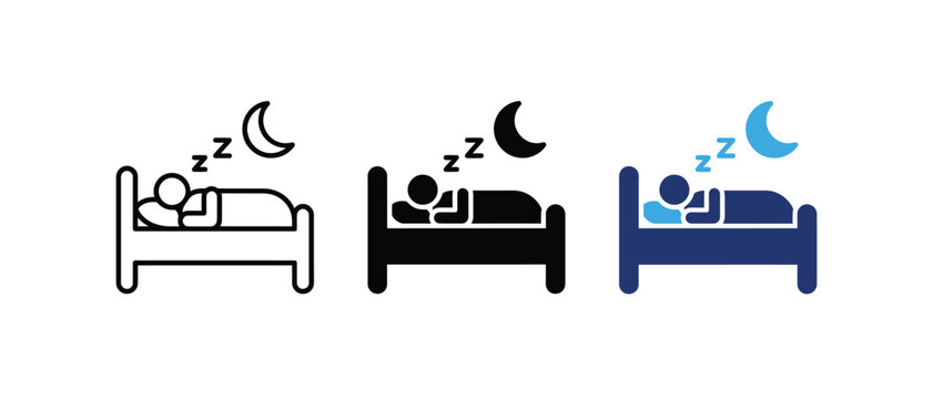 Sleep icon, person sleeping bed moon symbol, night rest healthy dream sign, hotel bedroom accommodation graphic. Vector illustration