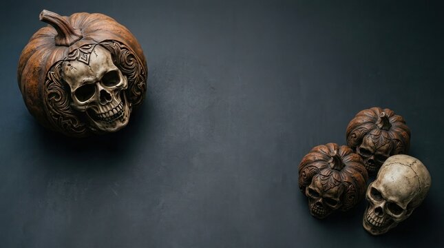 Dark and moody still life featuring human skulls and decaying organic matter