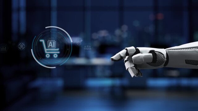 A futuristic robotic hand interacts with a digital shopping cart, embodying the blend of AI and e-commerce technology in a sophisticated environment filled with modern icons. Synapse