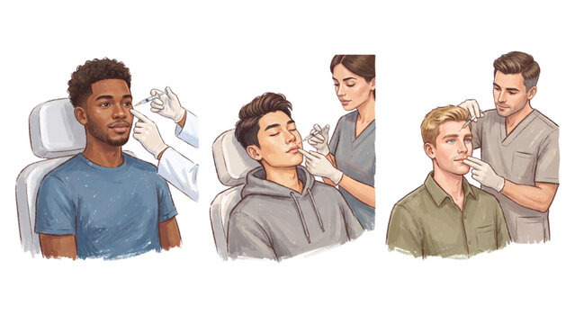 Diverse Young Men Receiving Botox Injections in Lips and Face, Cosmetic Treatment Vector Illustration Set
