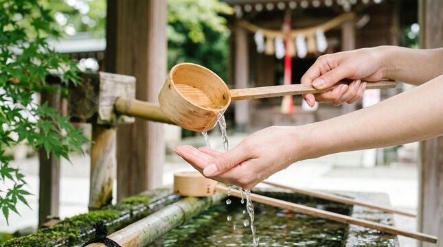 神社の手水舎で手を清める様子