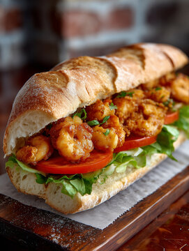 Fried shrimp po' boy sandwich with lettuce and tomato