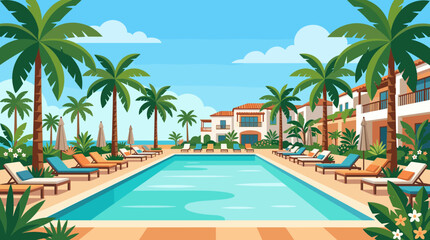Fototapeta premium Luxury resort swimming pool surrounded by palm trees and lounge chairs