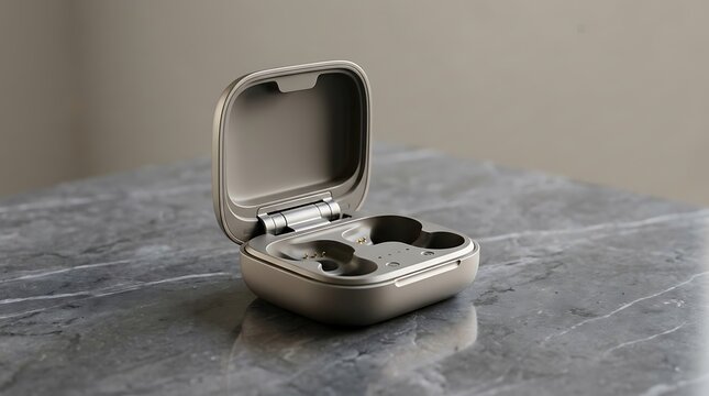 Open wireless earbud charging case on a marble surface for modern audio technology concepts.