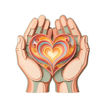 Paper craft hands holding layered rainbow heart on transparent background. Self love and emotional support concept for mental health and mindfulness wellbeing illustration