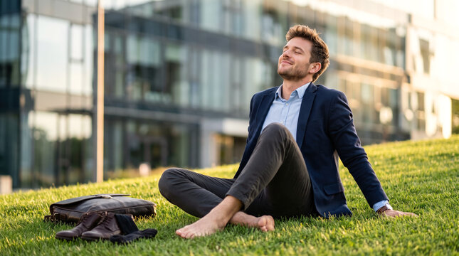 Barefoot businessman relaxing on green grass outside a modern office building. Young professional man sitting on a lawn with shoes and briefcase nearby. Stress relief, break and freedom concept
