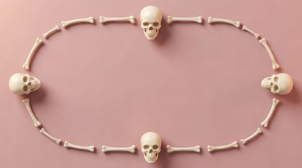 Fototapeta premium Minimalist arrangement of bone fragments forming an oval shape on a soft pink background
