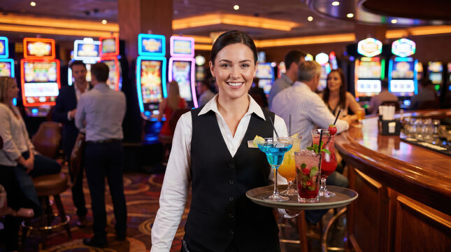 Cocktail waitress holding a tray of colorful drinks in a busy casino. Professional woman in uniform serving beverages near slot machines and bar. Nightlife and entertainment concept