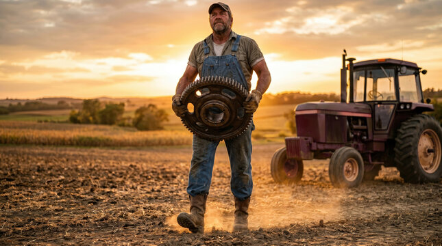 Rugged male farmer holding a heavy metal gear in a plowed dirt field at sunset. Agricultural worker man repairing tractor machinery in rural countryside