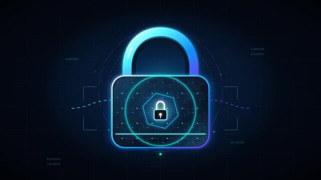 Glowing digital padlock secures network data within an abstract motion video clip showing cybersecurity encryption technology
