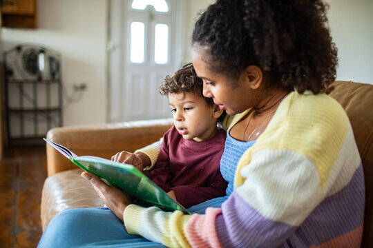 Parent reading storybook to toddler at home