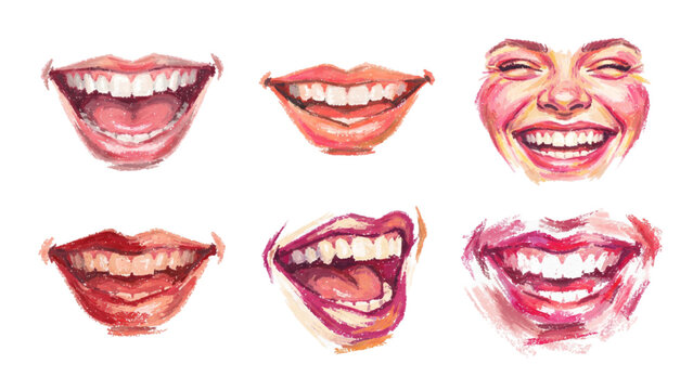 Smiling Mouths in Different Shapes and Expressions, Happy Smile Vector Illustration Set