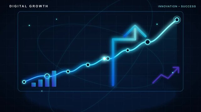 Glowing digital line graph displays positive financial market trends in this animated motion graphics data video