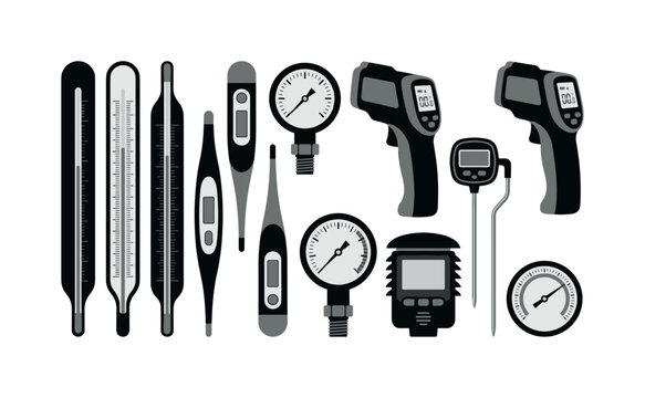 Collection of various thermometers and gauges for measuring temperature