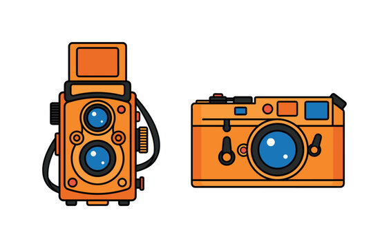 Two vintage orange cameras, a TLR and a rangefinder, displayed side by side