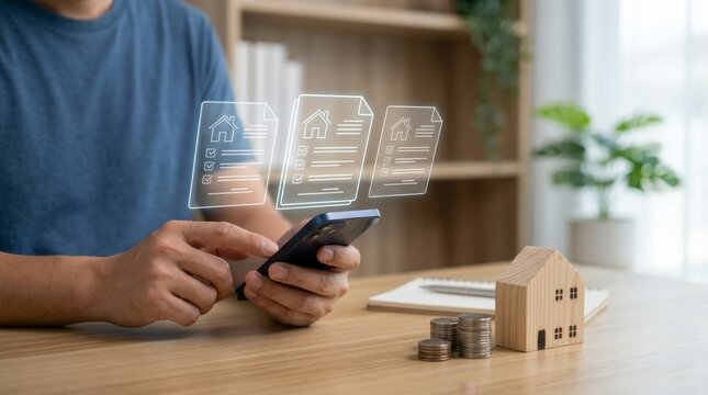 Person using smartphone to manage digital real estate contracts and mortgage documents near wooden house model.