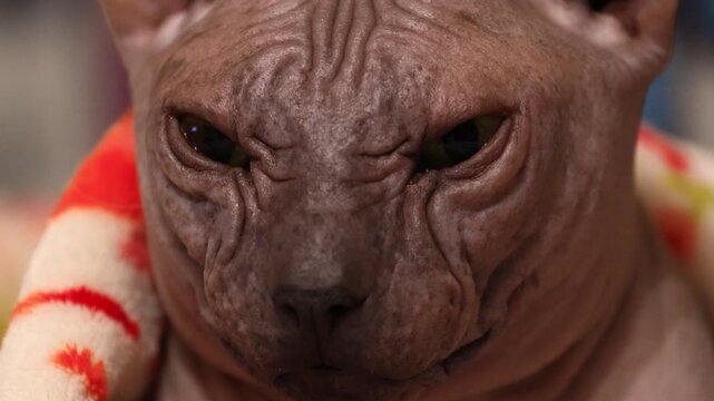 A close-up of a hairless cat wearing a scarf, perfect for pet-related or fashion-themed projects