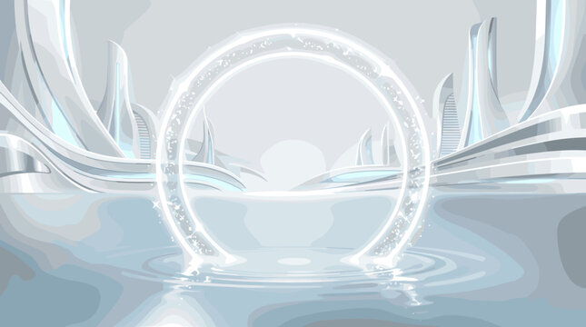 Futuristic white cityscape with glowing portal over calm water