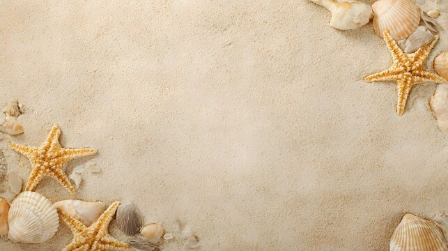 Seashell and Starfish Border Frame on Fine Sand. Sandy Beach Frame with Starfish and Seashells in Corners. Beach Sand Texture Framed with Seashells and Dried Starfish